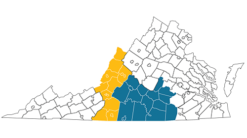 Virginia Map with Ready Regions 2 and 3 Highlighted - West and Southside