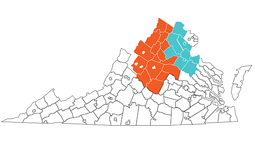 Virginia Map with Ready Regions 8 and 9 Highlighted - North Central and Blue Ridge