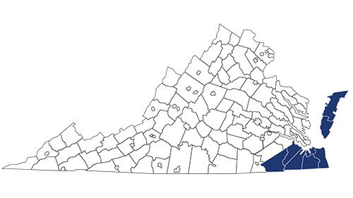 Virginia Map with Ready Region 5 Highlighted - Southeastern